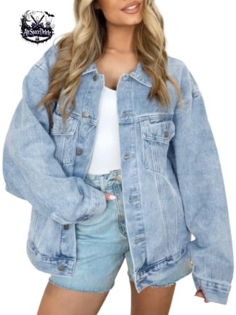 Oversized Button Down Denim Jacket Distressed Boyfriend Fit